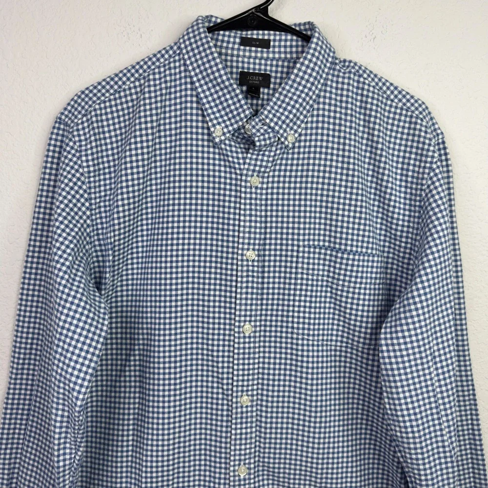 J. Crew Shirt Mens L Blue White Gingham Check Slim Fit Oxford‎ Preppy Office
